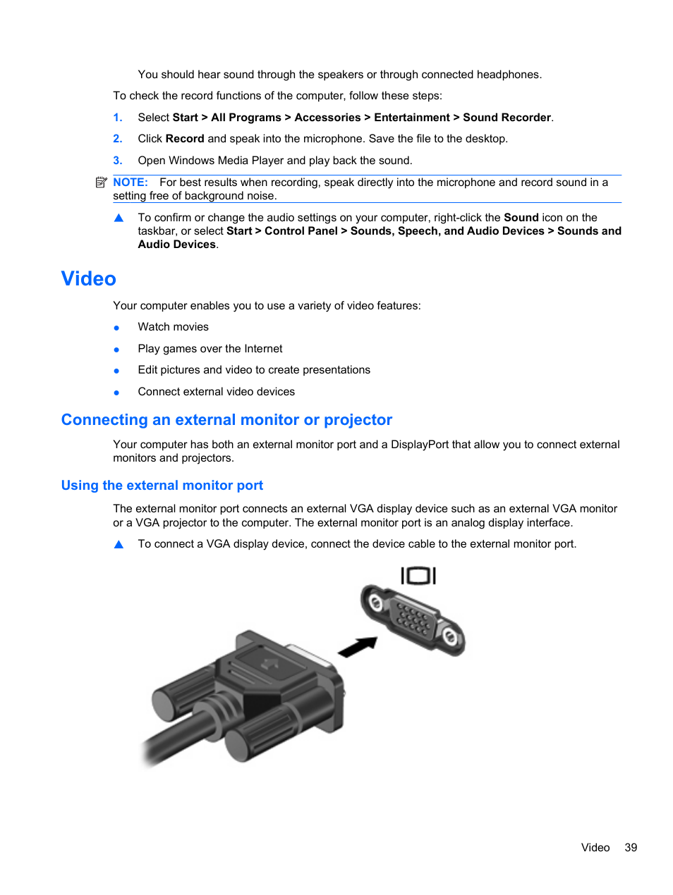 Video, Connecting an external monitor or projector, Using the external monitor port | HP EliteBook 8740w Mobile Workstation User Manual | Page 51 / 148