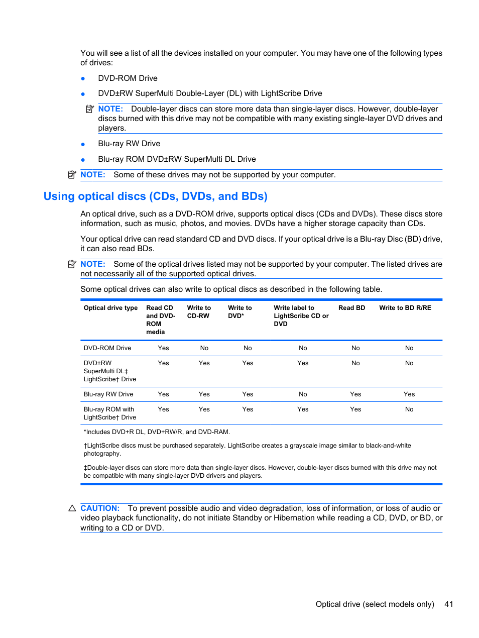 Using optical discs (cds, dvds, and bds) | HP EliteBook 8740w Mobile Workstation User Manual | Page 53 / 148