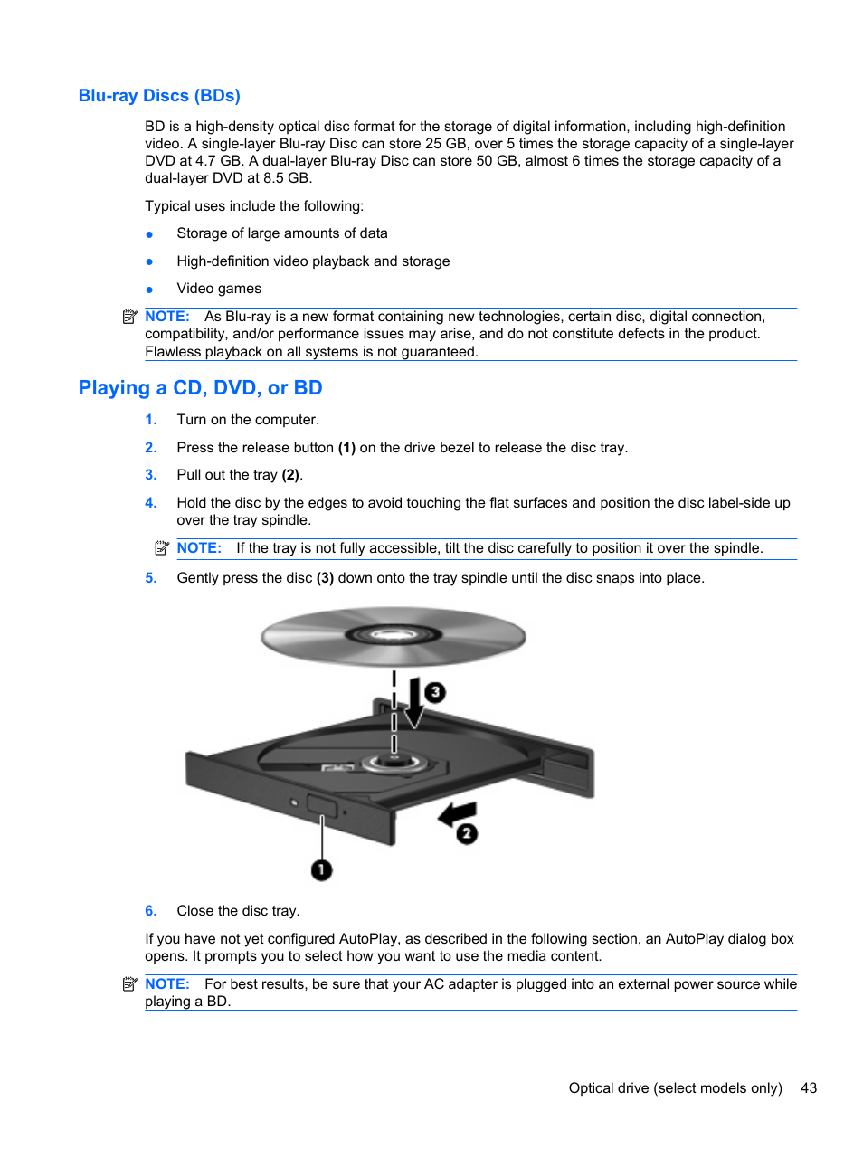 Blu-ray discs (bds), Playing a cd, dvd, or bd | HP EliteBook 8740w Mobile Workstation User Manual | Page 55 / 148