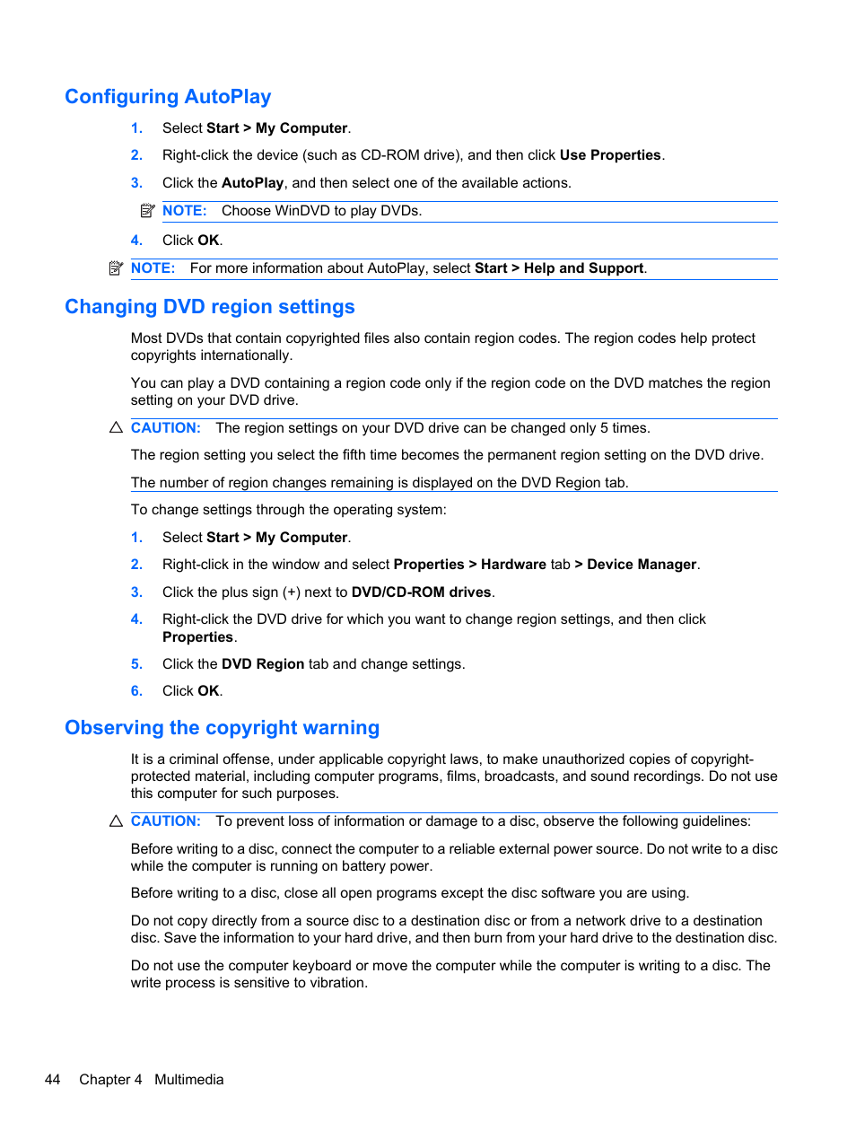 Configuring autoplay, Changing dvd region settings, Observing the copyright warning | HP EliteBook 8740w Mobile Workstation User Manual | Page 56 / 148