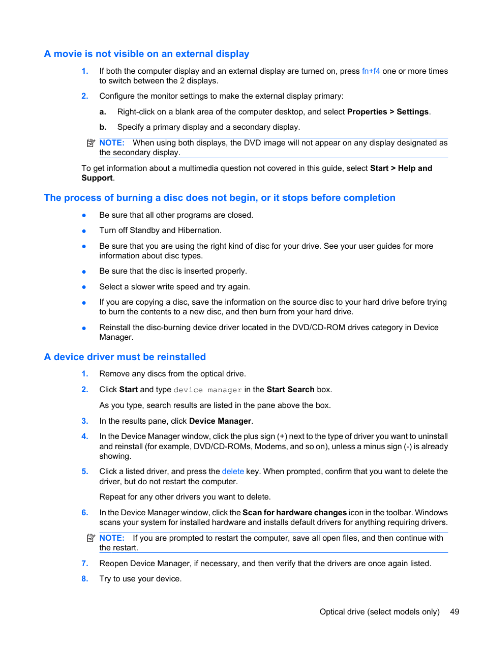 A movie is not visible on an external display, A device driver must be reinstalled | HP EliteBook 8740w Mobile Workstation User Manual | Page 61 / 148