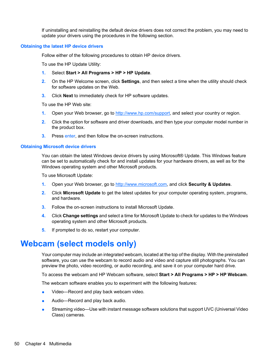Obtaining the latest hp device drivers, Obtaining microsoft device drivers, Webcam (select models only) | HP EliteBook 8740w Mobile Workstation User Manual | Page 62 / 148
