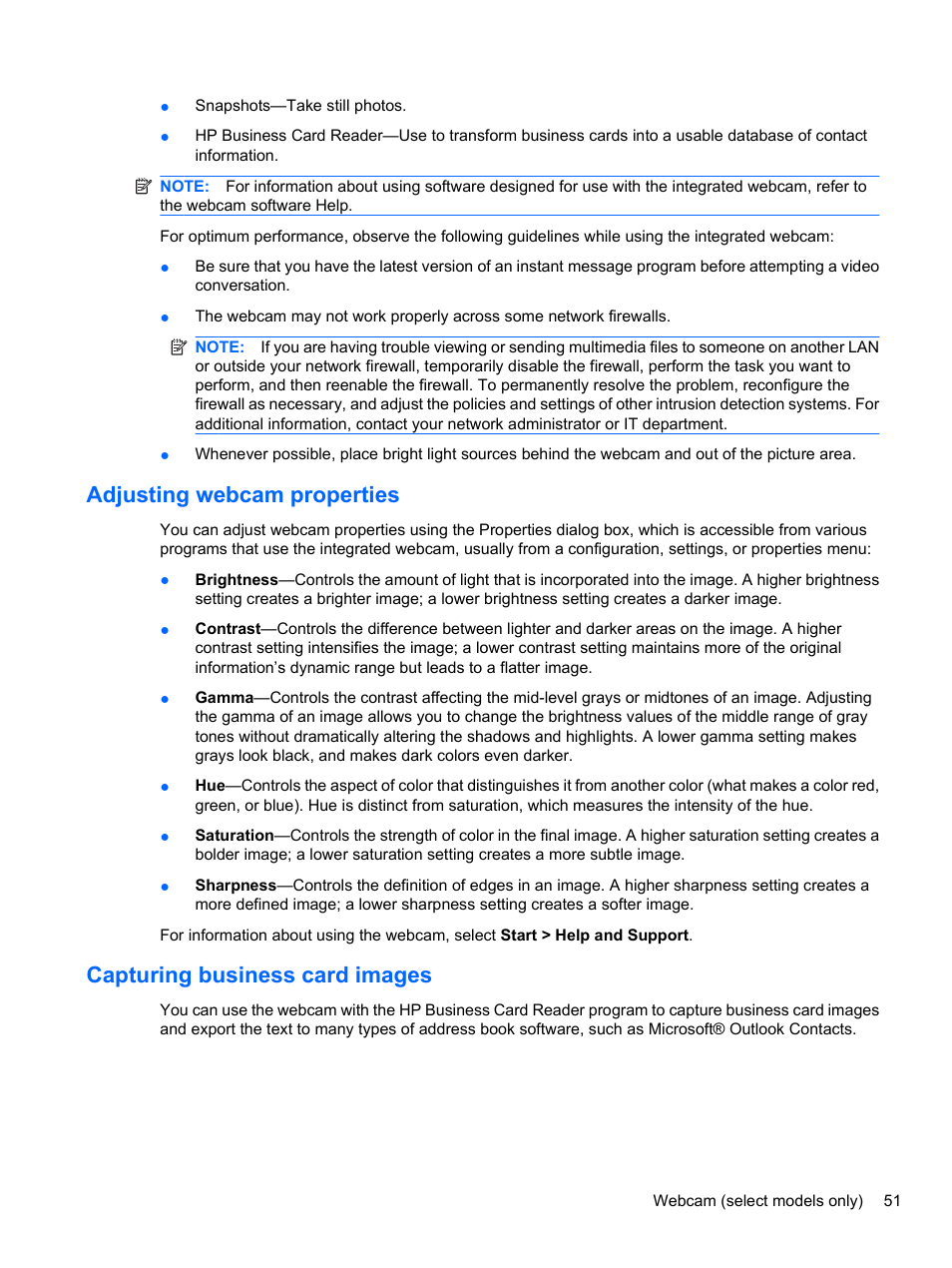 Adjusting webcam properties, Capturing business card images | HP EliteBook 8740w Mobile Workstation User Manual | Page 63 / 148