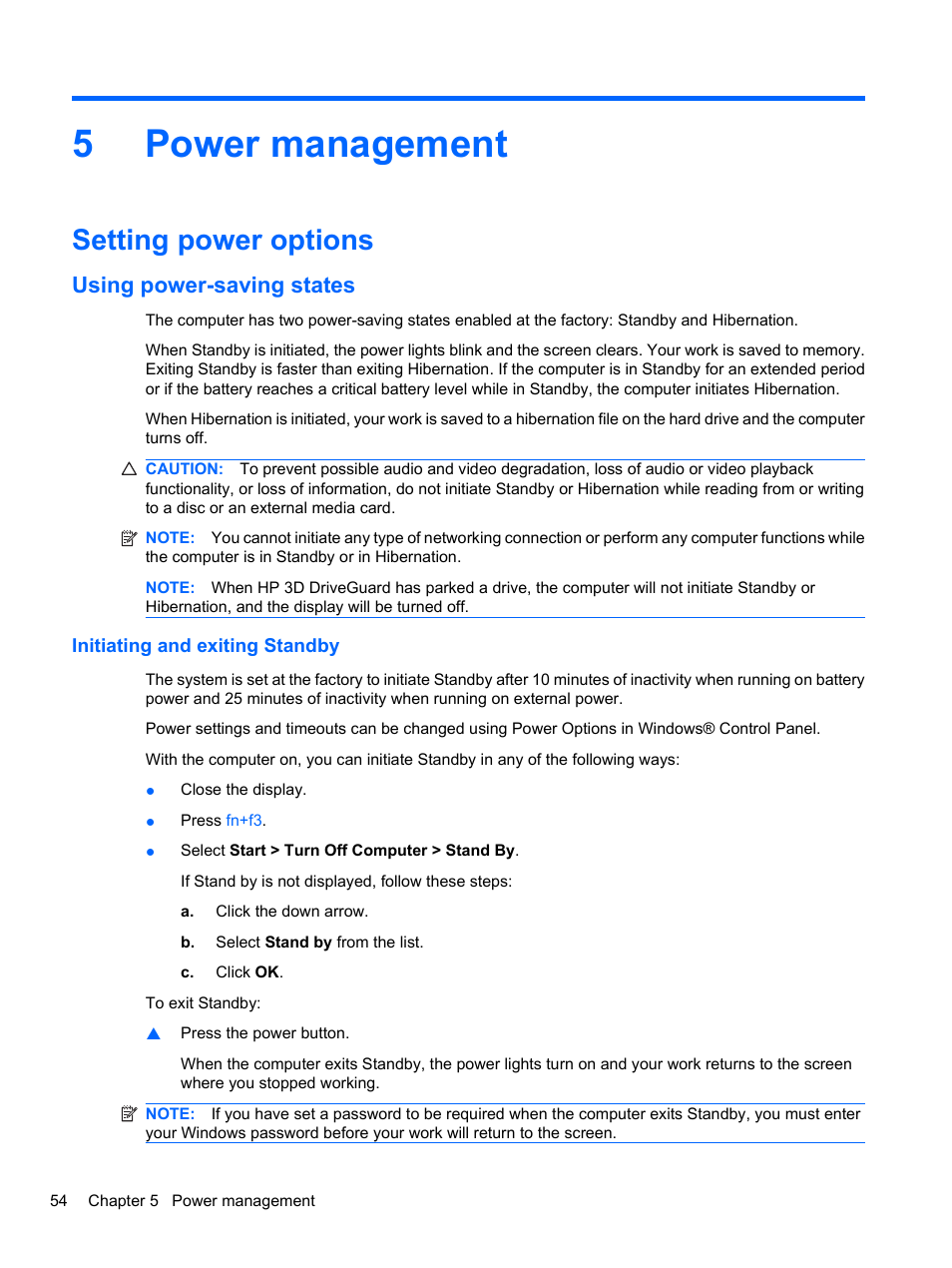 Power management, Setting power options, Using power-saving states | Initiating and exiting standby, 5 power management, 5power management | HP EliteBook 8740w Mobile Workstation User Manual | Page 66 / 148