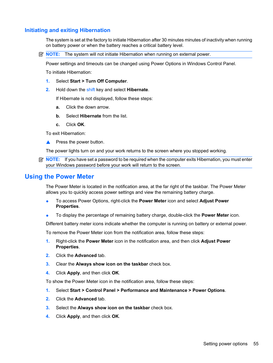 Initiating and exiting hibernation, Using the power meter | HP EliteBook 8740w Mobile Workstation User Manual | Page 67 / 148