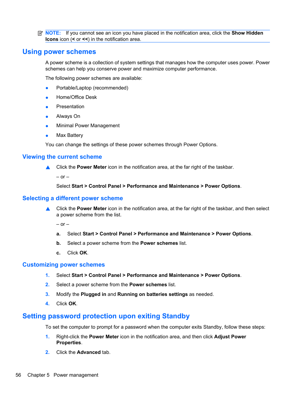 Using power schemes, Viewing the current scheme, Selecting a different power scheme | Customizing power schemes, Setting password protection upon exiting standby | HP EliteBook 8740w Mobile Workstation User Manual | Page 68 / 148