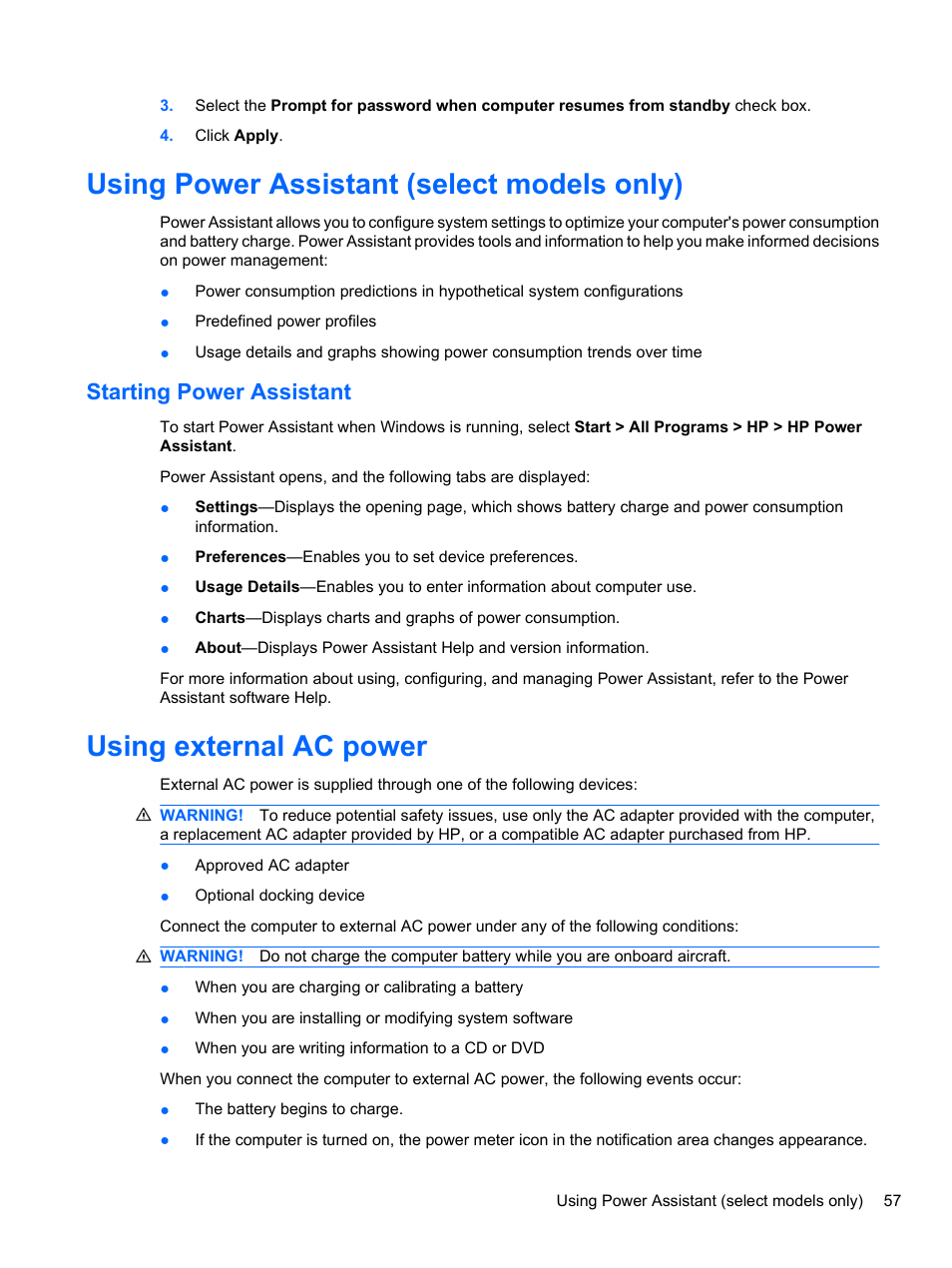 Using power assistant (select models only), Starting power assistant, Using external ac power | HP EliteBook 8740w Mobile Workstation User Manual | Page 69 / 148