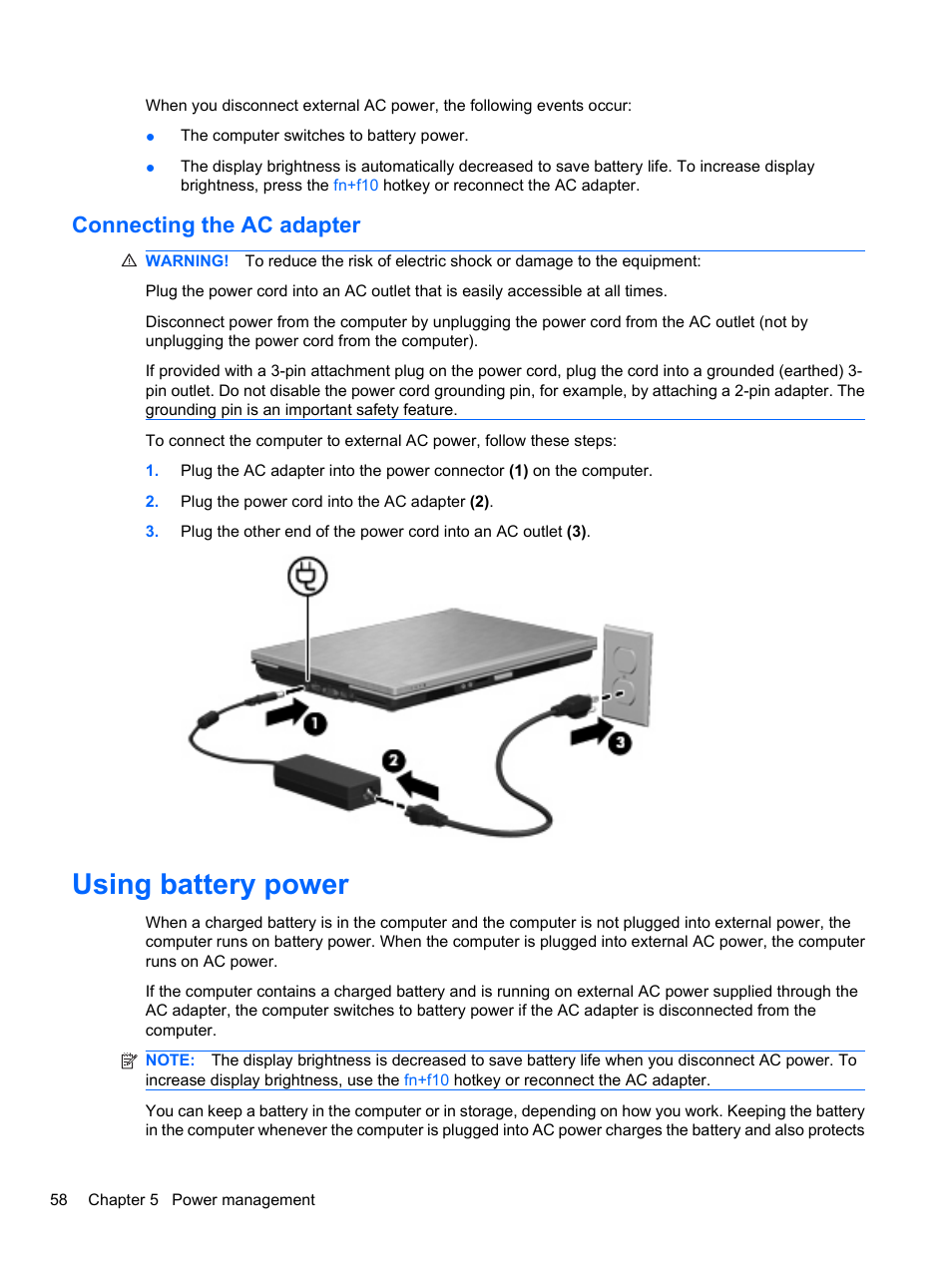 Connecting the ac adapter, Using battery power | HP EliteBook 8740w Mobile Workstation User Manual | Page 70 / 148