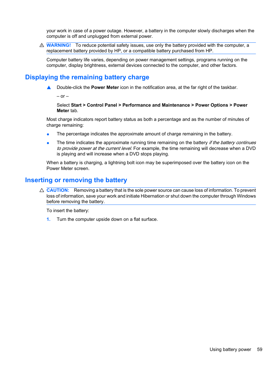 Displaying the remaining battery charge, Inserting or removing the battery | HP EliteBook 8740w Mobile Workstation User Manual | Page 71 / 148