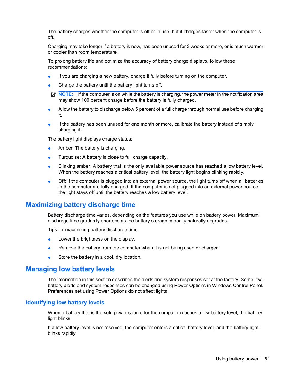 Maximizing battery discharge time, Managing low battery levels, Identifying low battery levels | HP EliteBook 8740w Mobile Workstation User Manual | Page 73 / 148