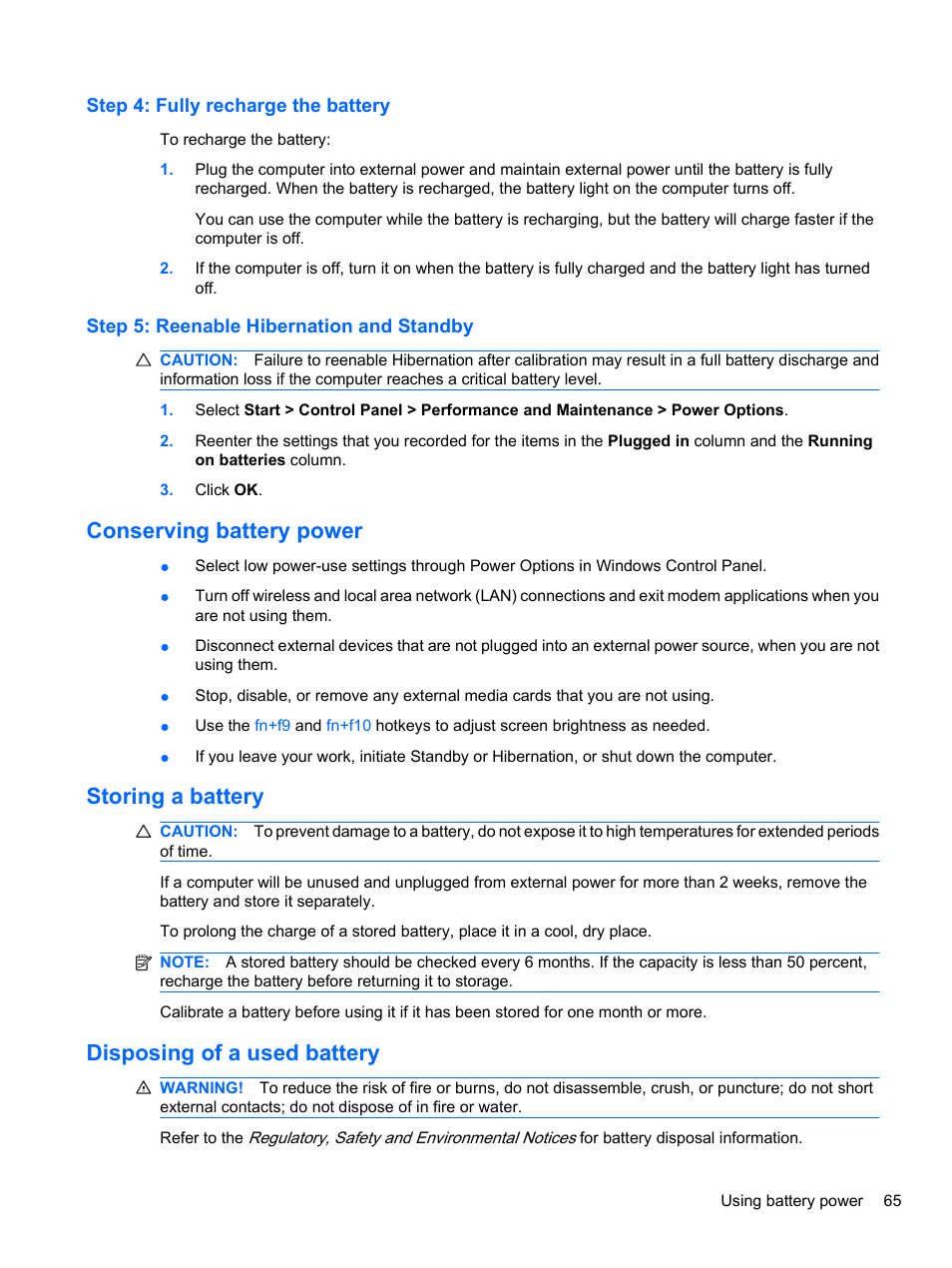 Step 4: fully recharge the battery, Step 5: reenable hibernation and standby, Conserving battery power | Storing a battery, Disposing of a used battery | HP EliteBook 8740w Mobile Workstation User Manual | Page 77 / 148
