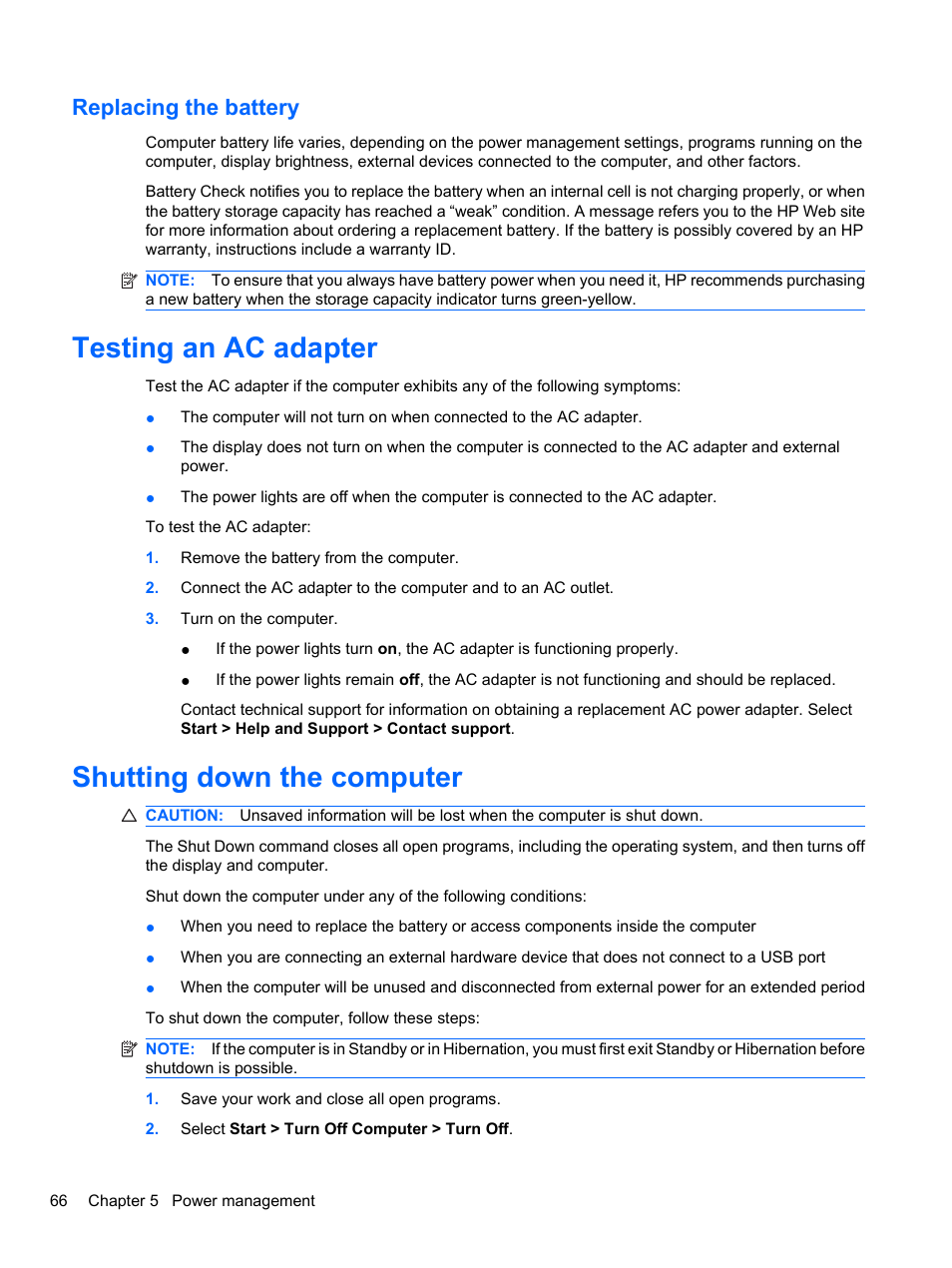 Replacing the battery, Testing an ac adapter, Shutting down the computer | Testing an ac adapter shutting down the computer | HP EliteBook 8740w Mobile Workstation User Manual | Page 78 / 148