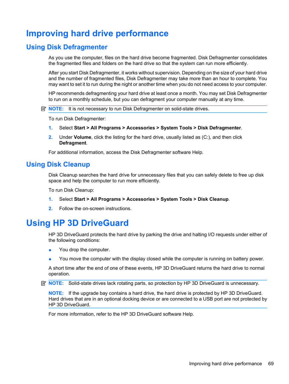 Improving hard drive performance, Using disk defragmenter, Using disk cleanup | Using hp 3d driveguard, Using disk defragmenter using disk cleanup | HP EliteBook 8740w Mobile Workstation User Manual | Page 81 / 148