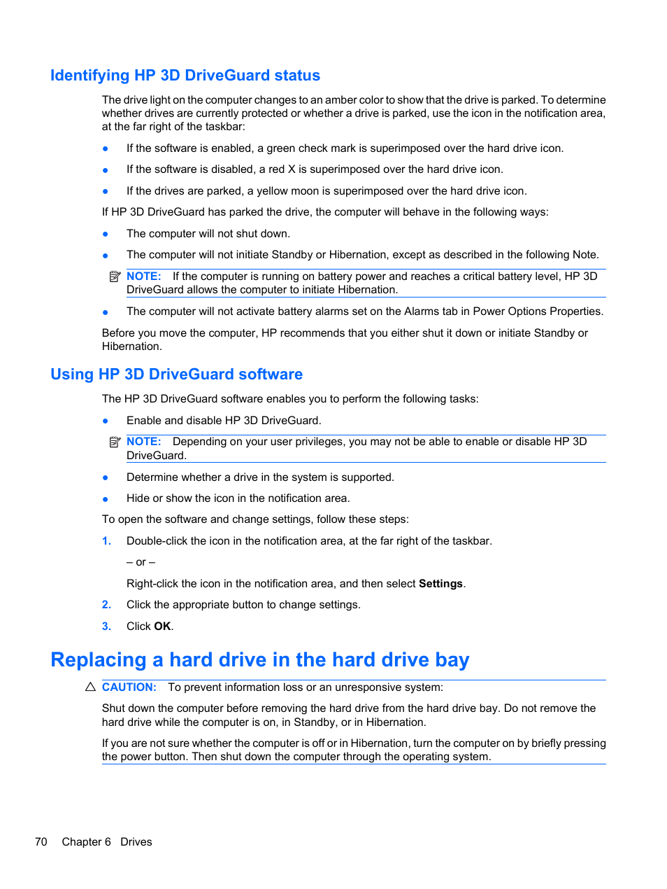 Identifying hp 3d driveguard status, Using hp 3d driveguard software, Replacing a hard drive in the hard drive bay | HP EliteBook 8740w Mobile Workstation User Manual | Page 82 / 148