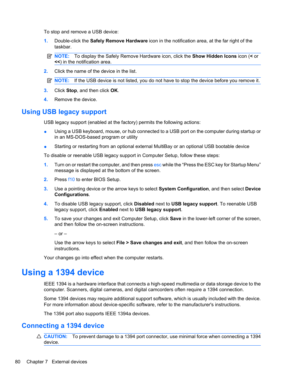 Using usb legacy support, Using a 1394 device, Connecting a 1394 device | HP EliteBook 8740w Mobile Workstation User Manual | Page 92 / 148