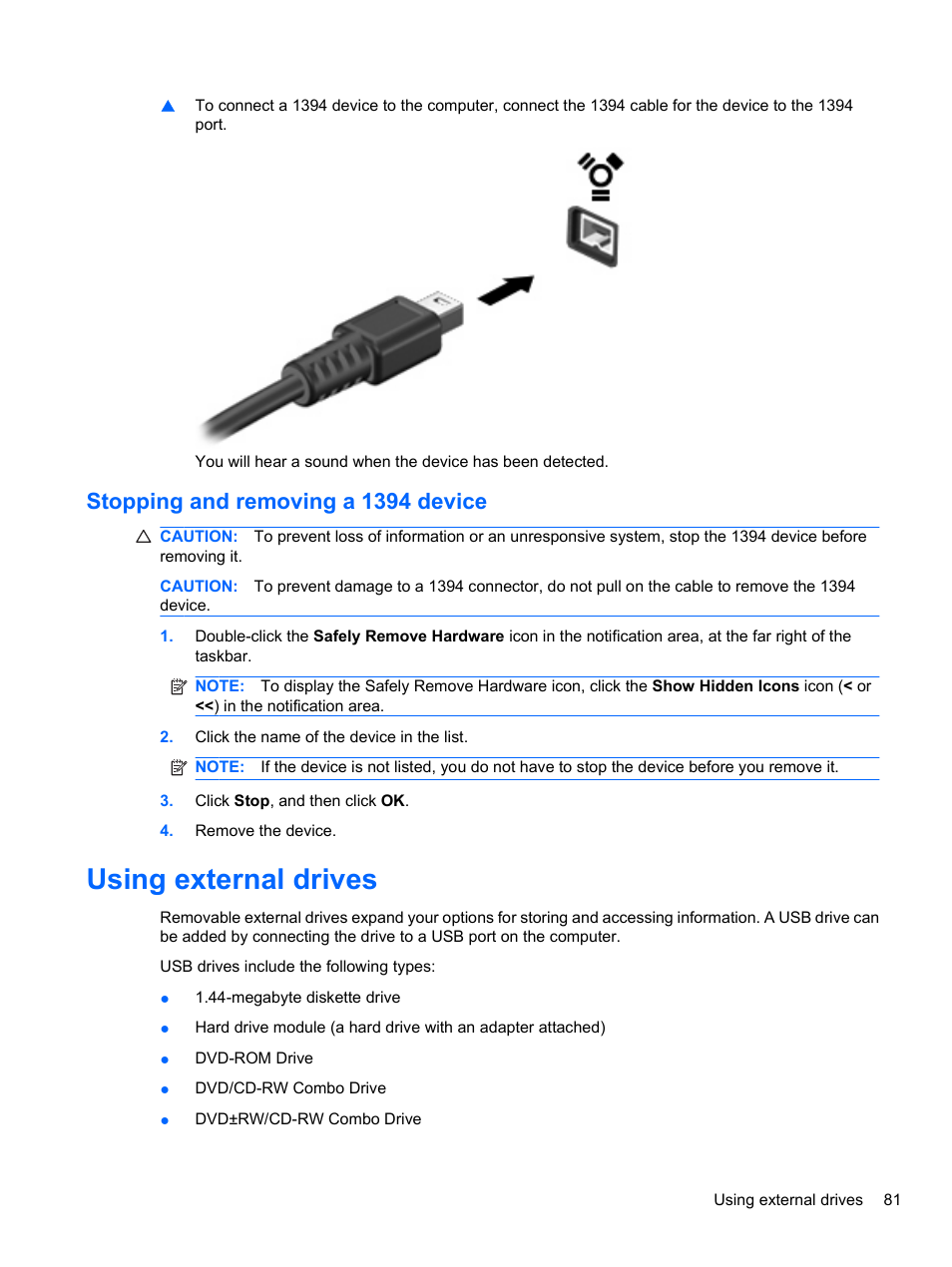 Stopping and removing a 1394 device, Using external drives | HP EliteBook 8740w Mobile Workstation User Manual | Page 93 / 148