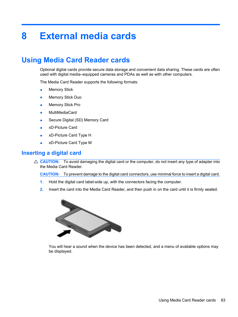 External media cards, Using media card reader cards, Inserting a digital card | 8 external media cards, 8external media cards | HP EliteBook 8740w Mobile Workstation User Manual | Page 95 / 148