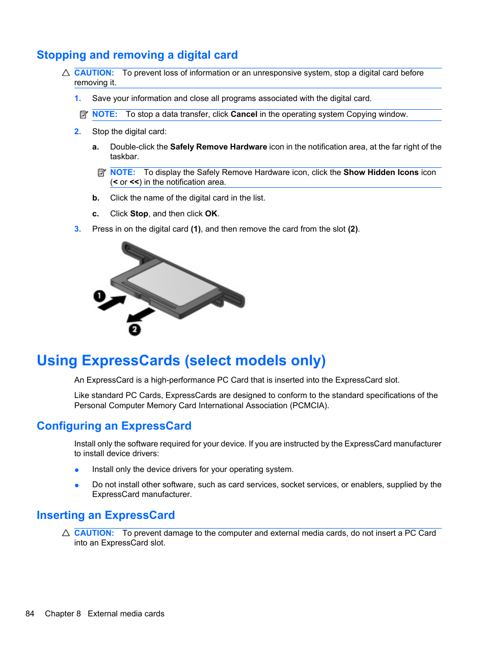 Stopping and removing a digital card, Using expresscards (select models only), Configuring an expresscard | Inserting an expresscard | HP EliteBook 8740w Mobile Workstation User Manual | Page 96 / 148