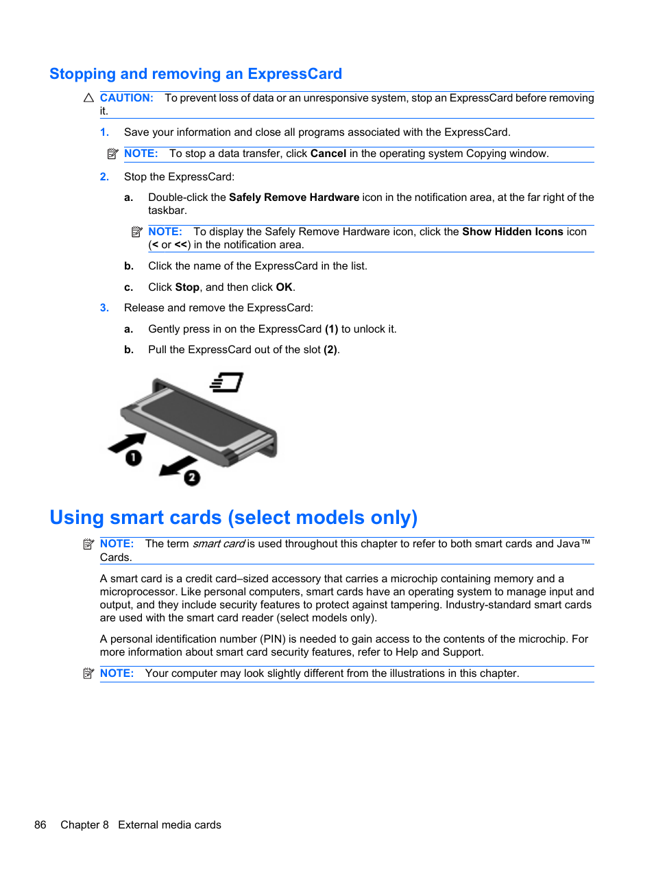 Stopping and removing an expresscard, Using smart cards (select models only) | HP EliteBook 8740w Mobile Workstation User Manual | Page 98 / 148