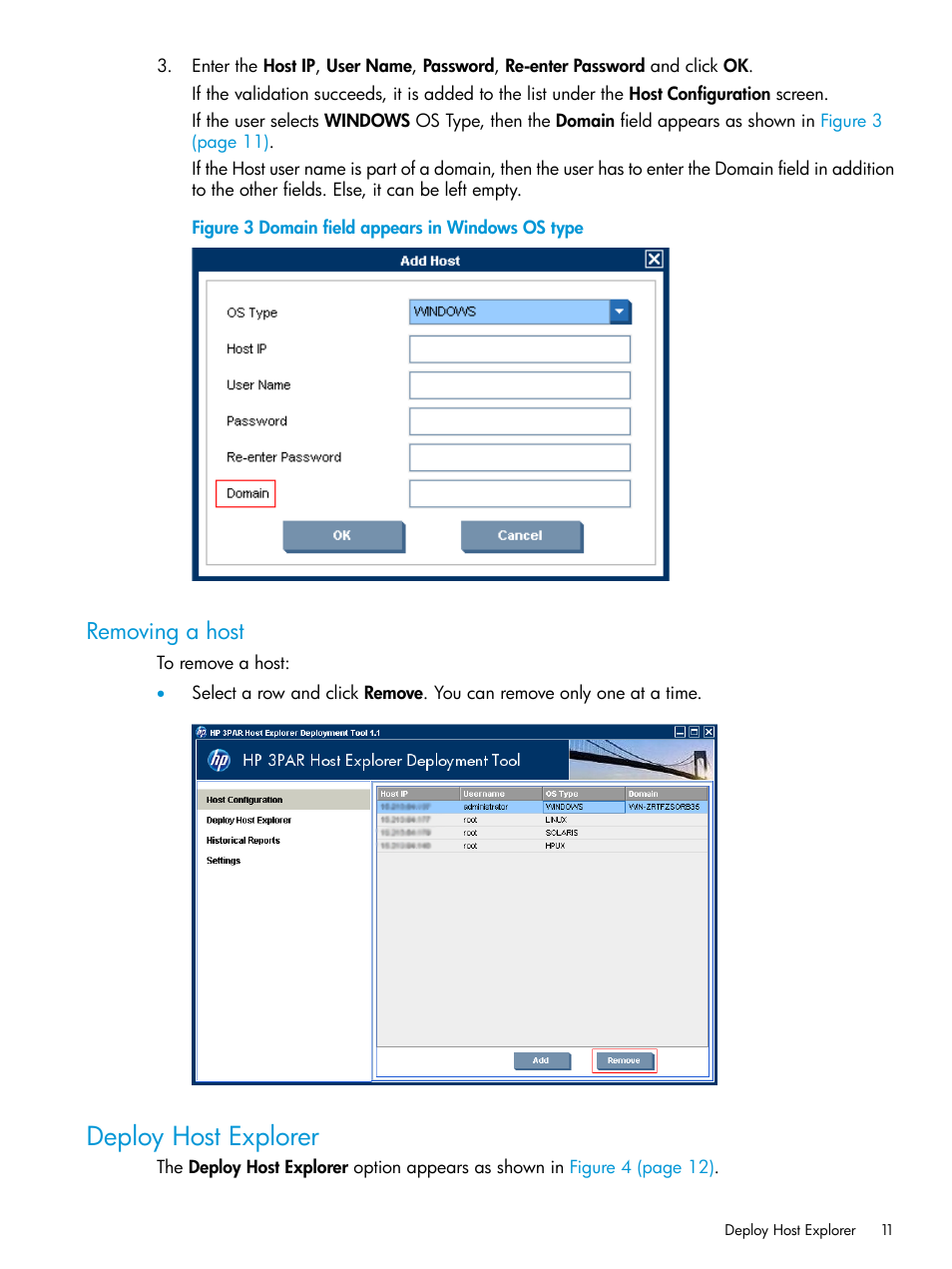 Removing a host, Deploy host explorer | HP 3PAR Host Explorer Software User Manual | Page 11 / 21