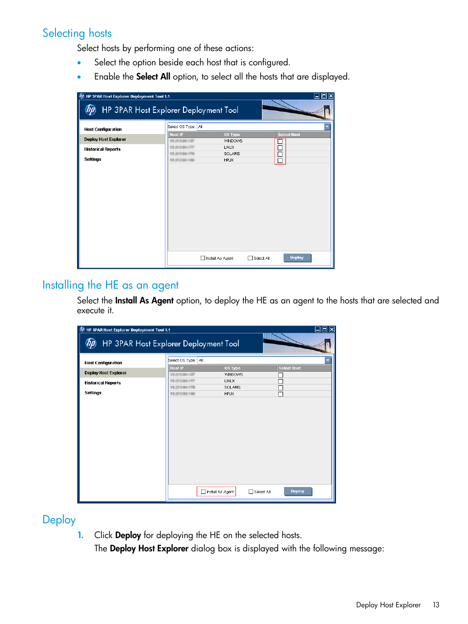 Selecting hosts, Installing the he as an agent, Deploy | HP 3PAR Host Explorer Software User Manual | Page 13 / 21