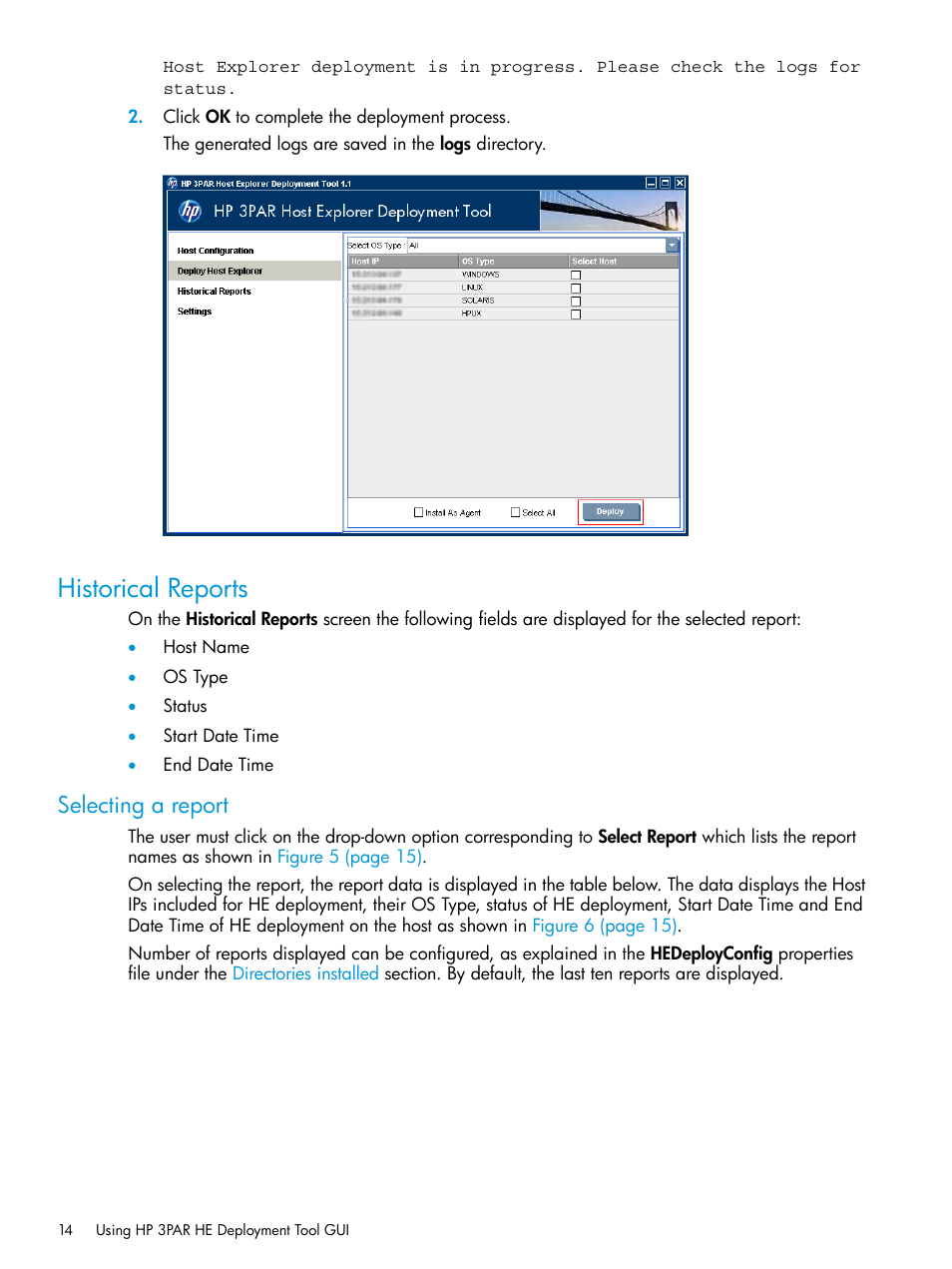 Historical reports, Selecting a report | HP 3PAR Host Explorer Software User Manual | Page 14 / 21