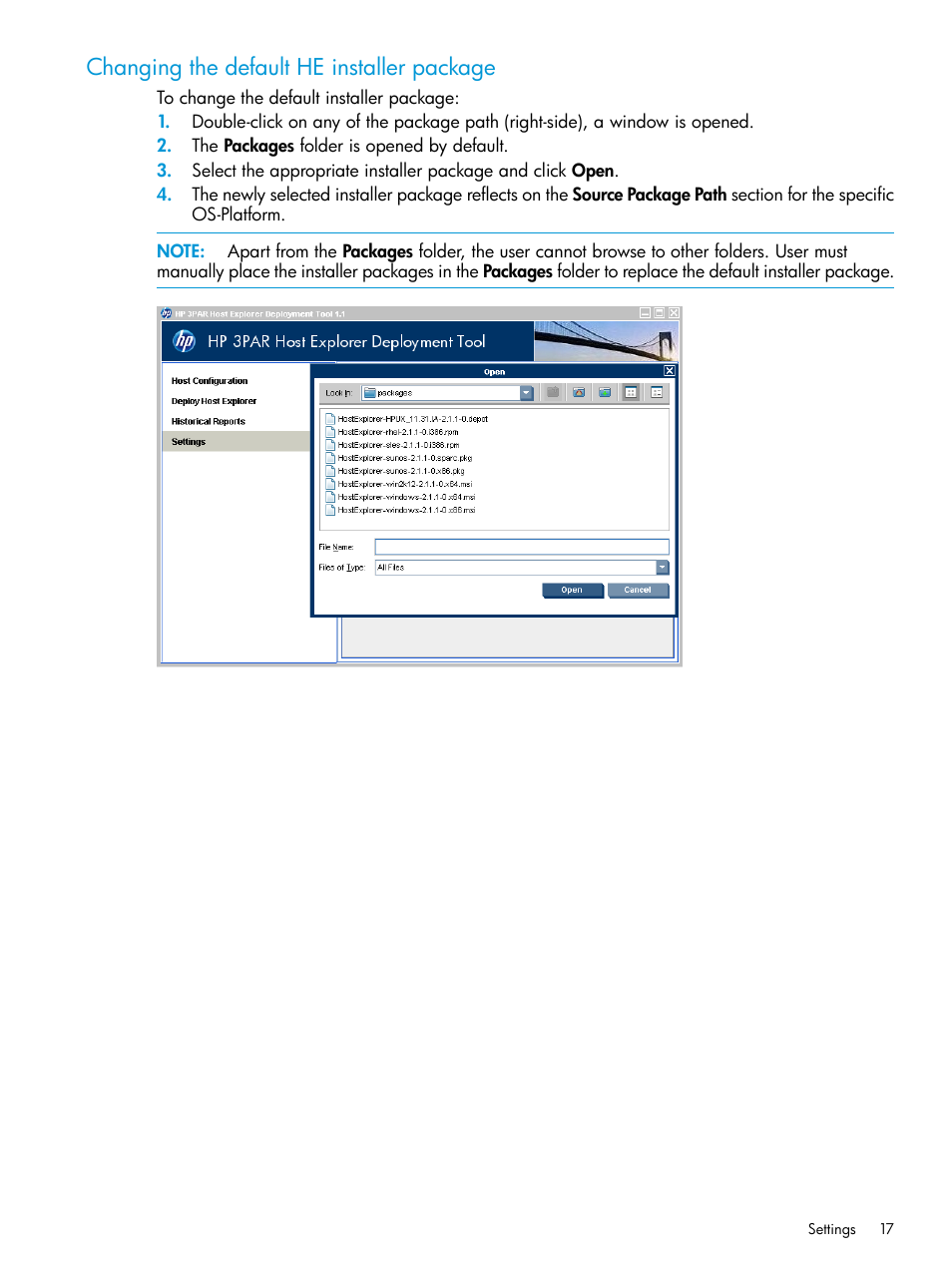 Changing the default he installer package | HP 3PAR Host Explorer Software User Manual | Page 17 / 21