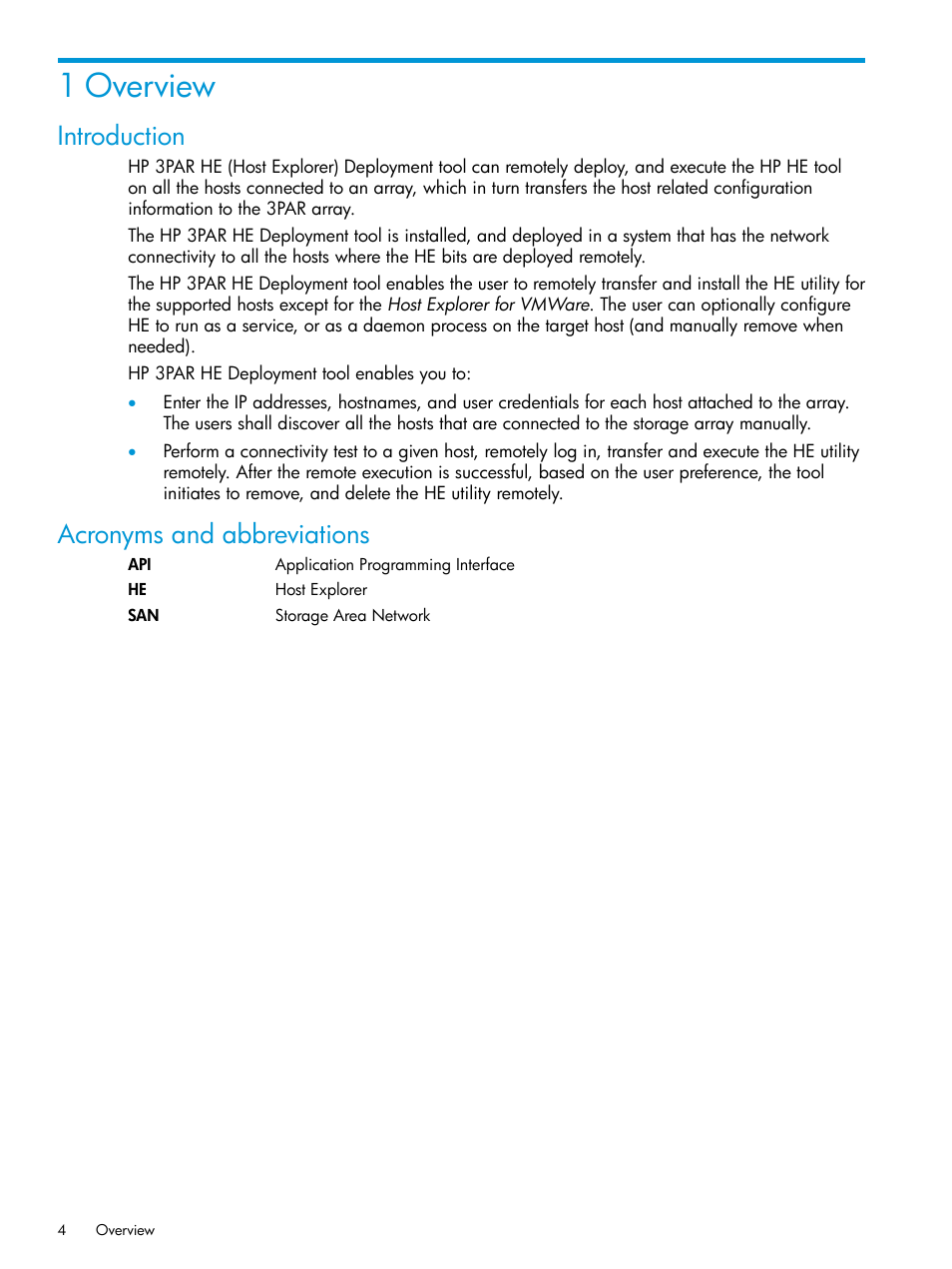 1 overview, Introduction, Acronyms and abbreviations | Introduction acronyms and abbreviations | HP 3PAR Host Explorer Software User Manual | Page 4 / 21