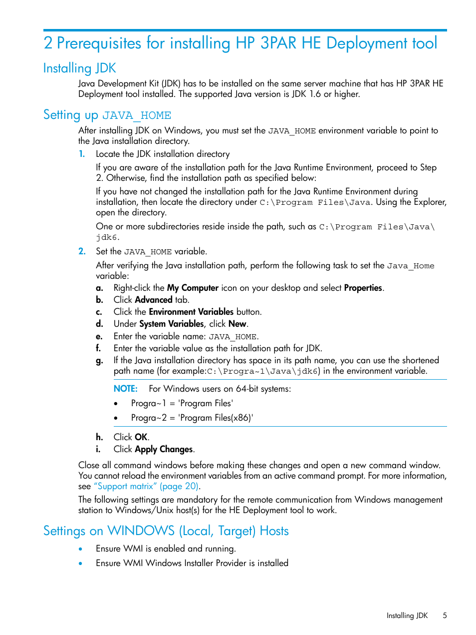 Installing jdk, Setting up java_home, Settings on windows (local, target) hosts | HP 3PAR Host Explorer Software User Manual | Page 5 / 21