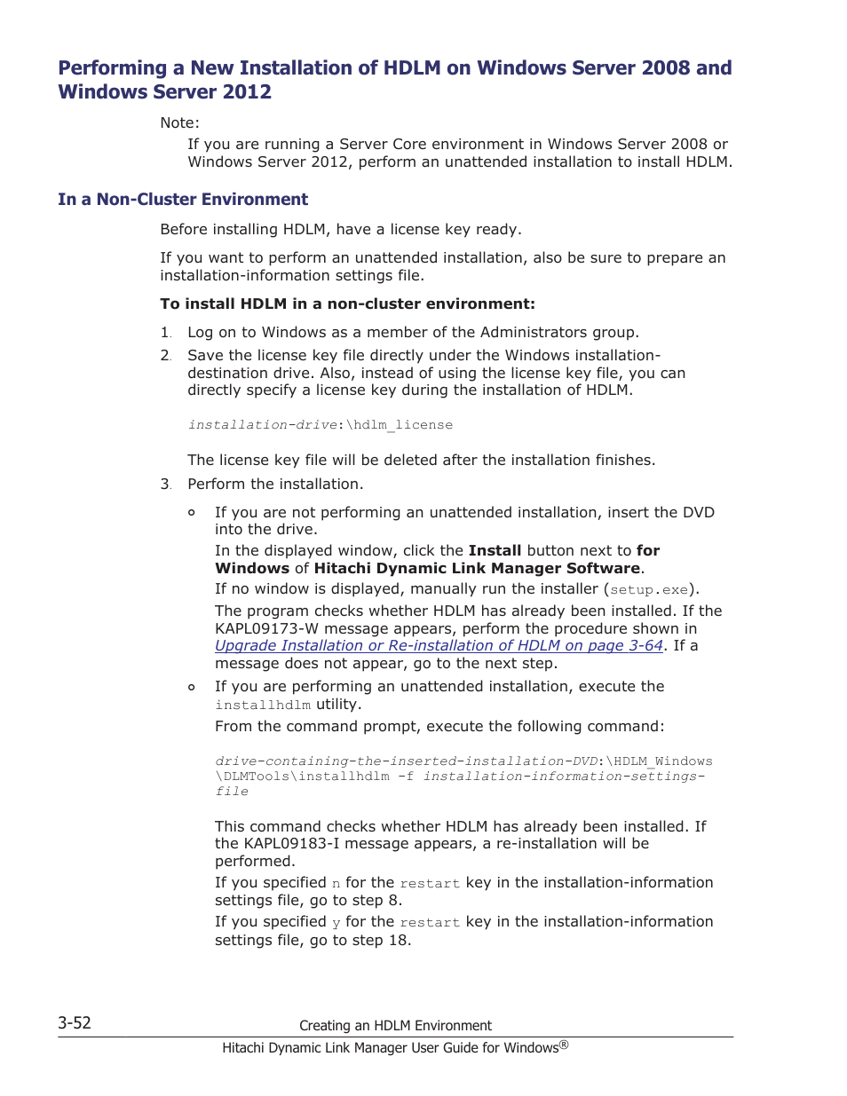 Server 2012 -52, In a non-cluster environment -52, Performing a new | HP XP P9500 Storage User Manual | Page 120 / 440