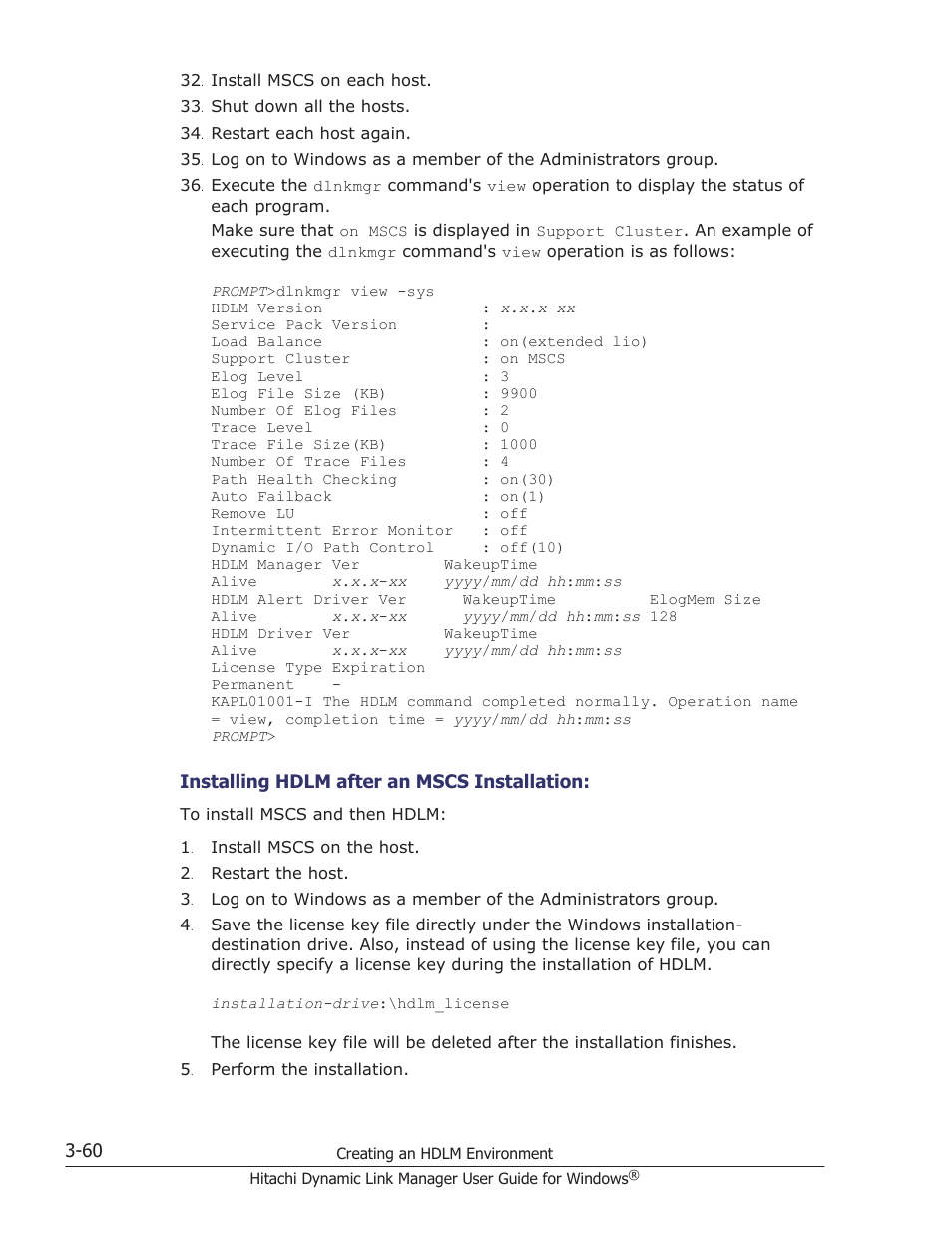 Installing hdlm after an mscs installation | HP XP P9500 Storage User Manual | Page 128 / 440