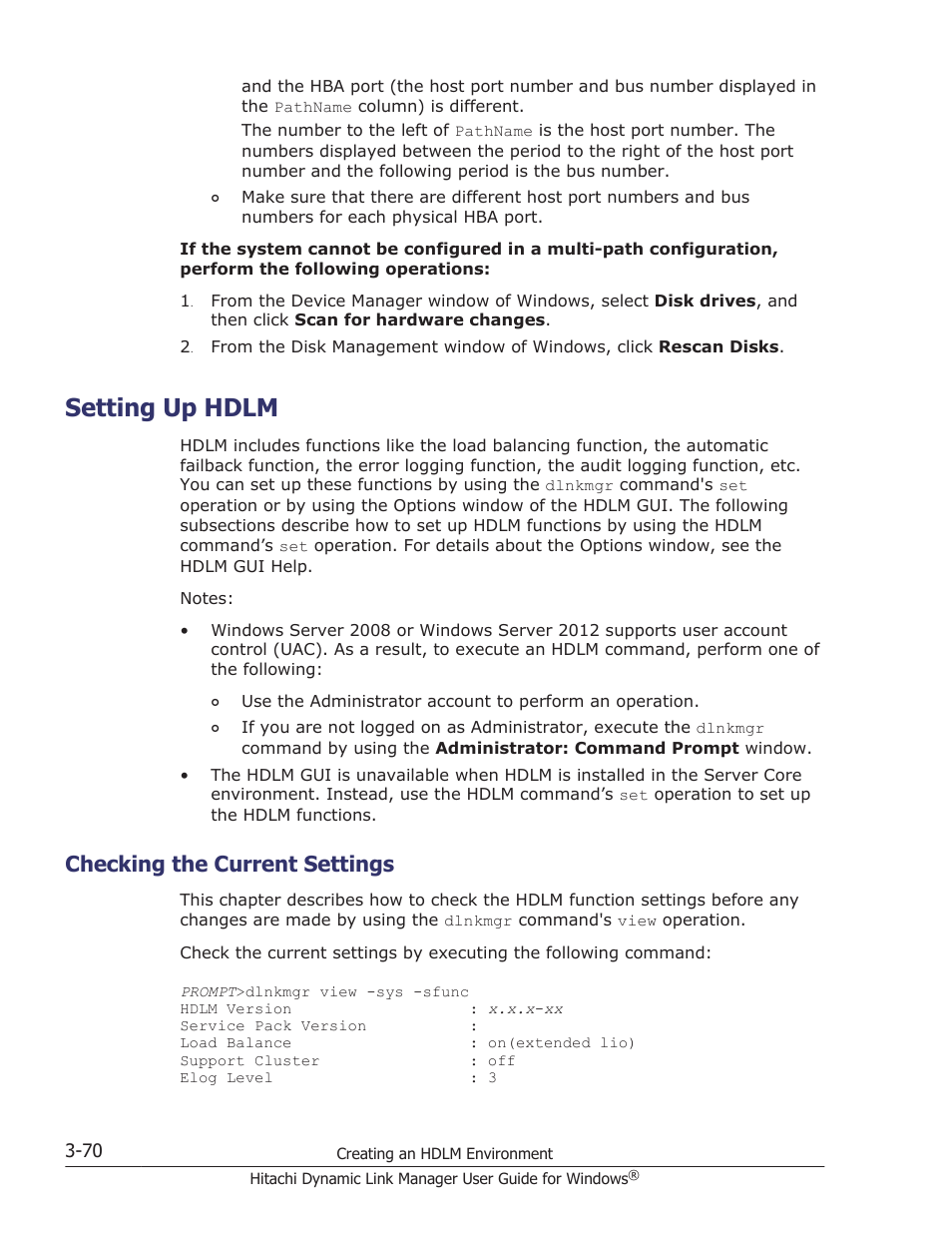 Setting up hdlm, Checking the current settings, Setting up hdlm -70 | Checking the current settings -70 | HP XP P9500 Storage User Manual | Page 138 / 440