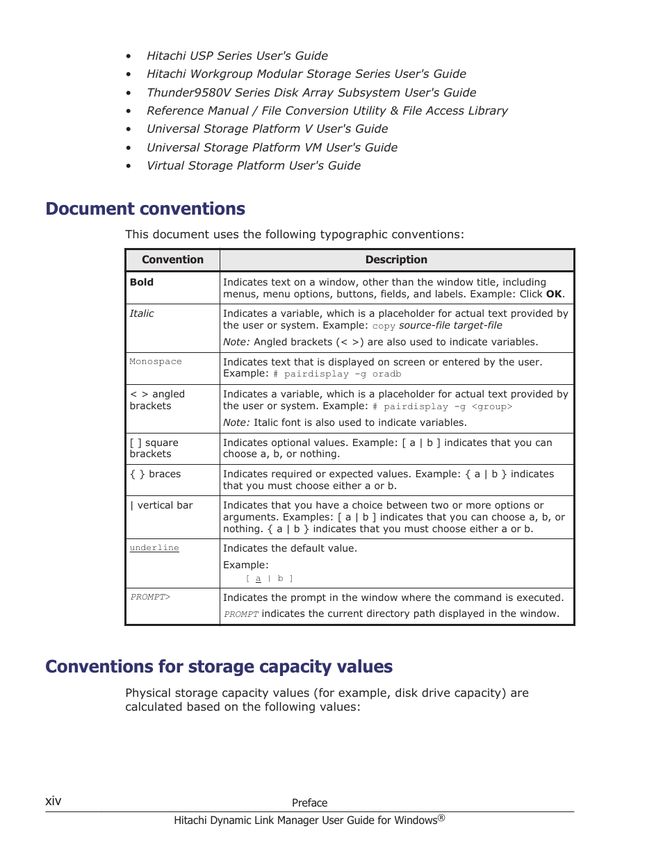 Document conventions, Conventions for storage capacity values | HP XP P9500 Storage User Manual | Page 14 / 440