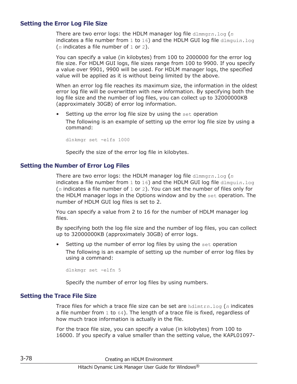 Setting the error log file size -78, Setting the number of error log files -78, Setting the trace file size -78 | HP XP P9500 Storage User Manual | Page 146 / 440