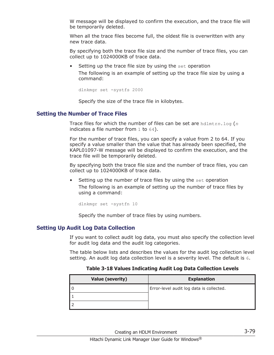 Setting the number of trace files -79, Setting up audit log data collection -79 | HP XP P9500 Storage User Manual | Page 147 / 440