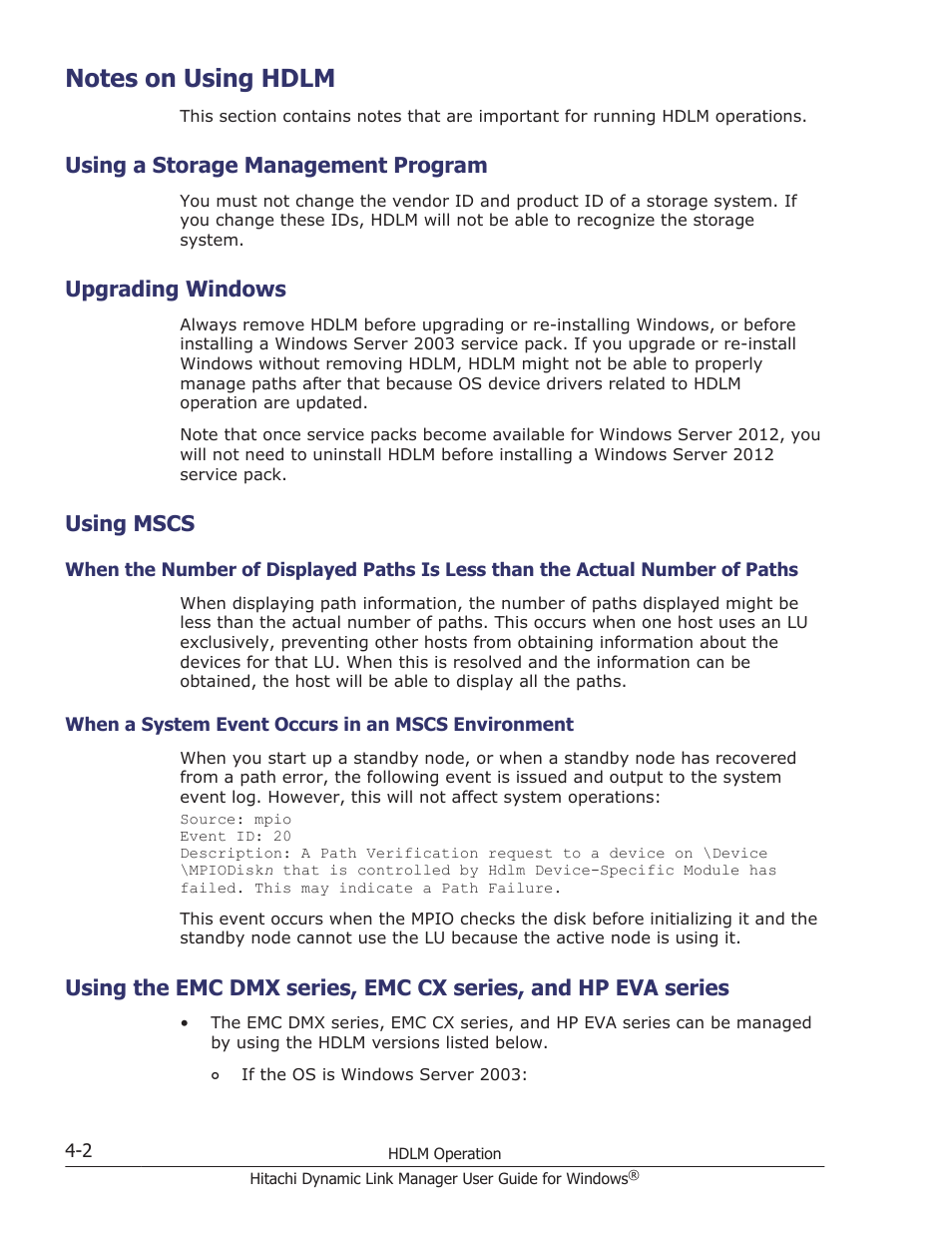 Notes on using hdlm, Using a storage management program, Upgrading windows | Using mscs, Notes on using hdlm -2, Using a storage management program -2, Upgrading windows -2, Using mscs -2, For details about operating hdlm, see | HP XP P9500 Storage User Manual | Page 162 / 440