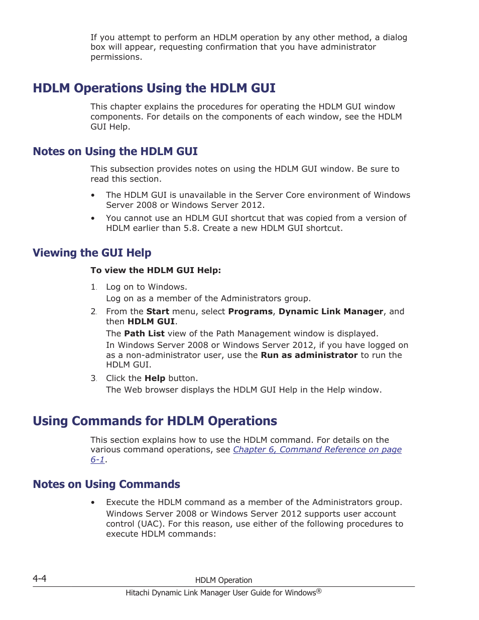 Hdlm operations using the hdlm gui, Notes on using the hdlm gui, Viewing the gui help | Using commands for hdlm operations, Notes on using commands, Hdlm operations using the hdlm gui -4, Notes on using the hdlm gui -4, Viewing the gui help -4, Using commands for hdlm operations -4, Notes on using commands -4 | HP XP P9500 Storage User Manual | Page 164 / 440