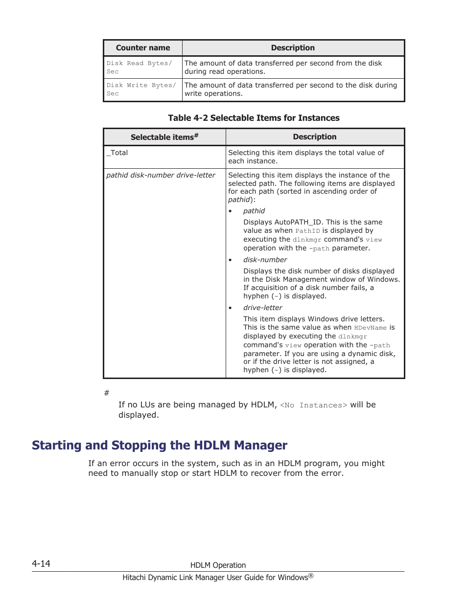 Starting and stopping the hdlm manager, Starting and stopping the hdlm manager -14, Table 4-2 selectable items for | HP XP P9500 Storage User Manual | Page 174 / 440