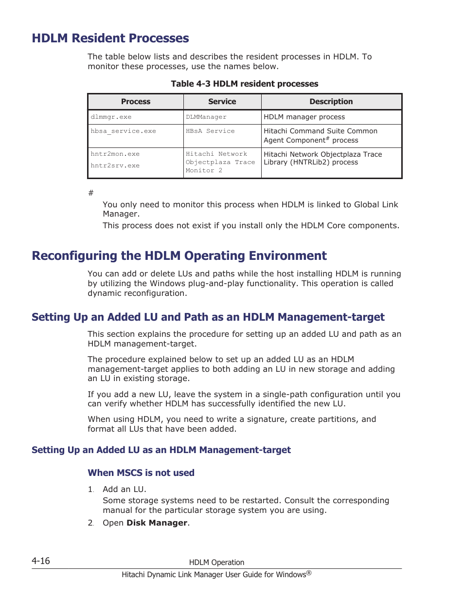 Hdlm resident processes, Reconfiguring the hdlm operating environment, Hdlm resident processes -16 | Reconfiguring the hdlm operating environment -16, Setting up an added lu and path as an hdlm, Setting up an added lu | HP XP P9500 Storage User Manual | Page 176 / 440