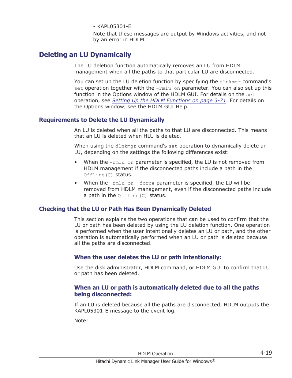 Deleting an lu dynamically, Deleting an lu dynamically -19, Requirements to delete the lu dynamically -19 | For details on dynamically deleting an lu, see, Deleting an lu dynamically on, For details on the lu deletion function, see | HP XP P9500 Storage User Manual | Page 179 / 440