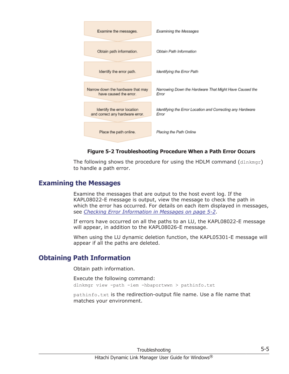 Examining the messages, Obtaining path information, Examining the messages -5 | Obtaining path information -5 | HP XP P9500 Storage User Manual | Page 187 / 440