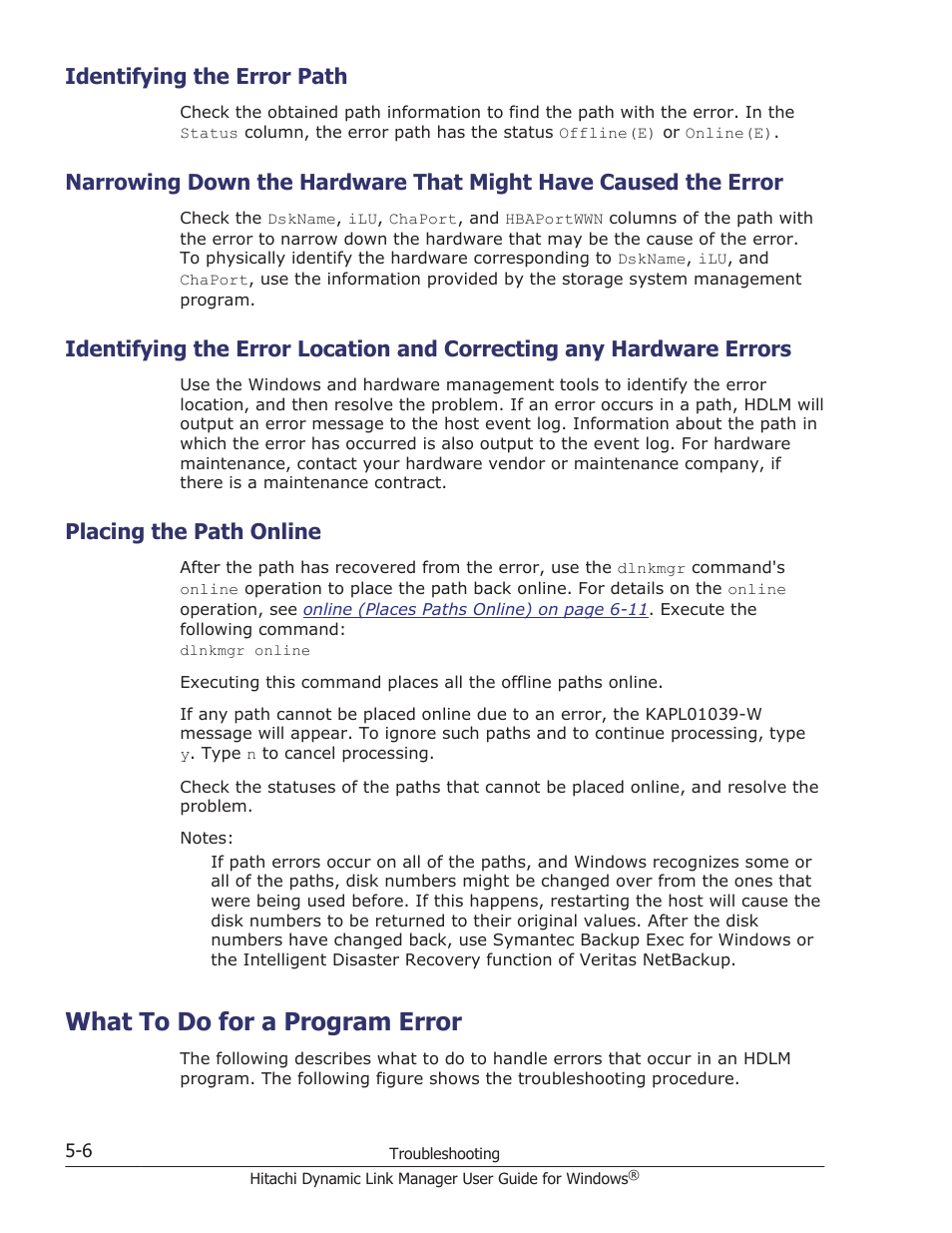 Identifying the error path, Placing the path online, What to do for a program error | Identifying the error path -6, Placing the path online -6, What to do for a program error -6 | HP XP P9500 Storage User Manual | Page 188 / 440