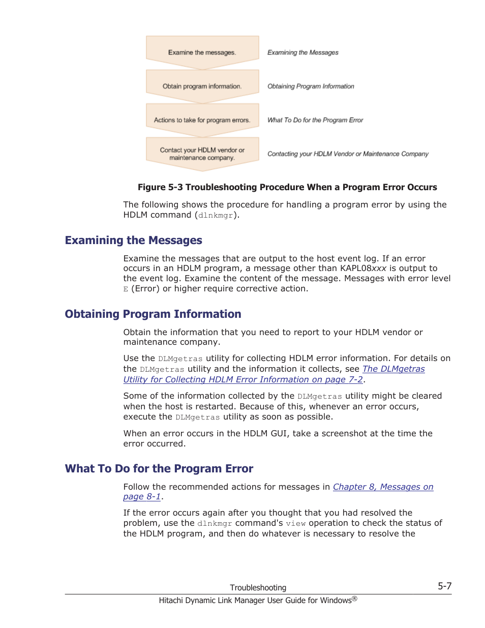 Examining the messages, Obtaining program information, What to do for the program error | Examining the messages -7, Obtaining program information -7, What to do for the program error -7 | HP XP P9500 Storage User Manual | Page 189 / 440