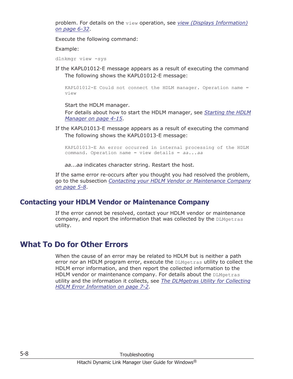 Contacting your hdlm vendor or maintenance company, What to do for other errors, What to do for other errors -8 | HP XP P9500 Storage User Manual | Page 190 / 440