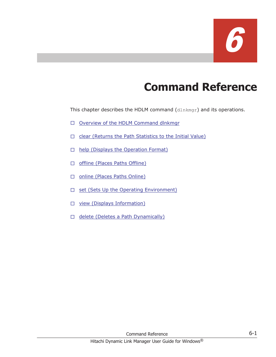 Command reference, 6 command reference -1, Chapter 6, command reference | HP XP P9500 Storage User Manual | Page 191 / 440