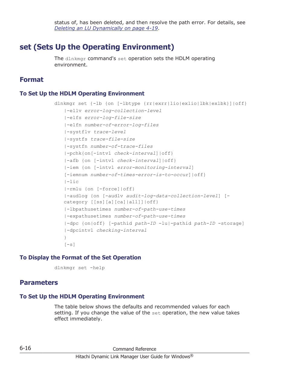 Set (sets up the operating environment), Format, Parameters | Set (sets up the operating environment) -16, Format -16, To set up the hdlm operating environment -16, To display the format of the set operation -16, Parameters -16, Operation, see, On how to specify the settings, see | HP XP P9500 Storage User Manual | Page 206 / 440