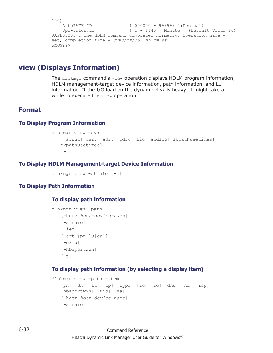 View (displays information), Format, View (displays information) -32 | Format -32, To display program information -32, To display path information -32, View (displays, Operation. for details on the path name, see, View (displays information) on, View | HP XP P9500 Storage User Manual | Page 222 / 440