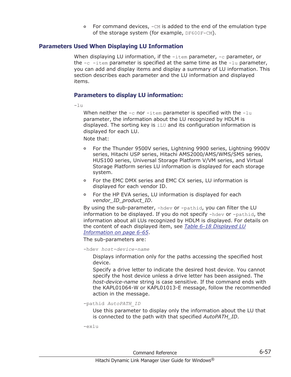 Parameters used when displaying lu information -57 | HP XP P9500 Storage User Manual | Page 247 / 440