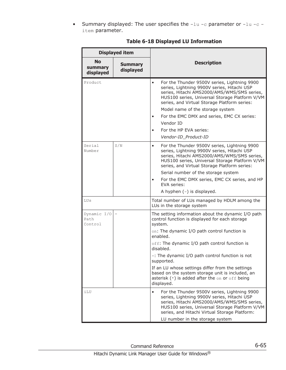 The content of each displayed item, see, Table 6-18 displayed lu, Table 6-18 | HP XP P9500 Storage User Manual | Page 255 / 440