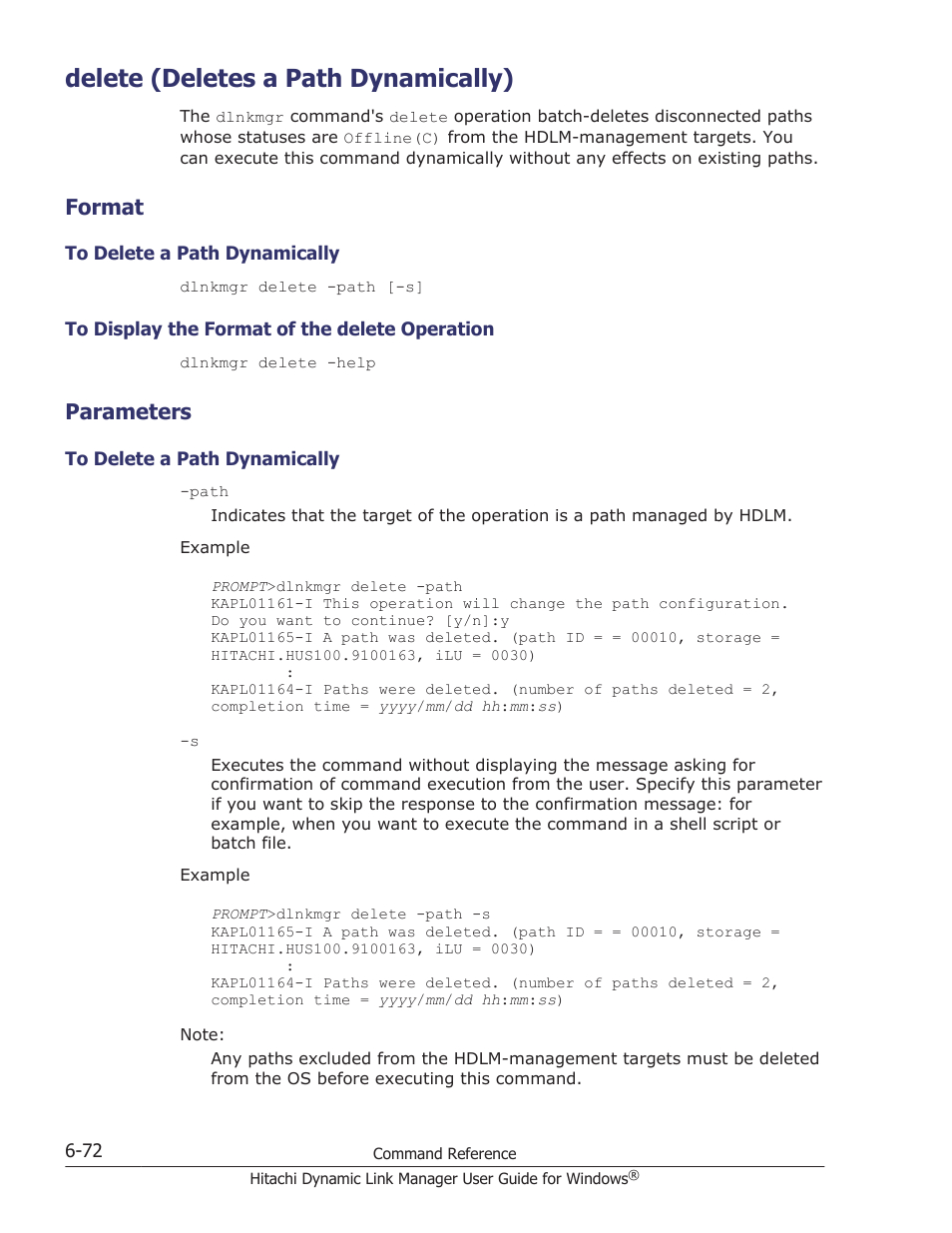 Delete (deletes a path dynamically), Format, Parameters | Delete (deletes a path dynamically) -72, Format -72, To delete a path dynamically -72, To display the format of the delete operation -72, Parameters -72 | HP XP P9500 Storage User Manual | Page 262 / 440